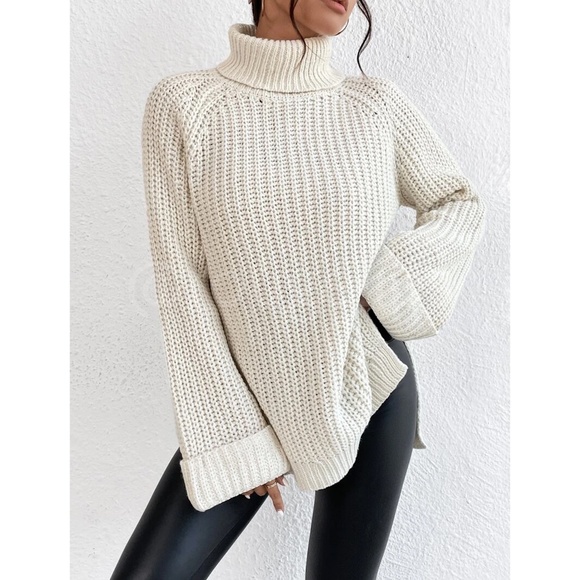 Casual Pullover Sweater Cable Knit Turtleneck Light Beige High Neck Long Sleeve - Picture 2 of 8